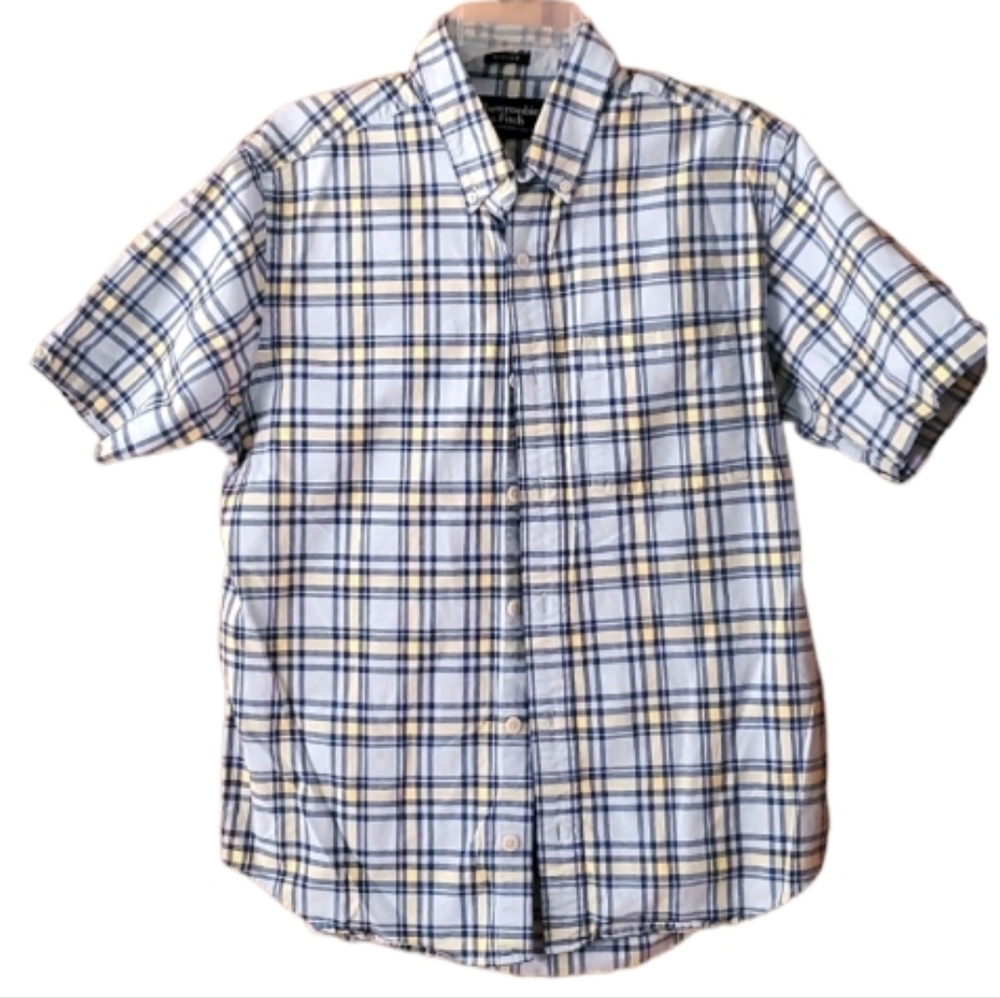 Abercrombie & Fitch Fitted Mens Blue Plaid Short Sleeve Buttondown shirt‎ Size L